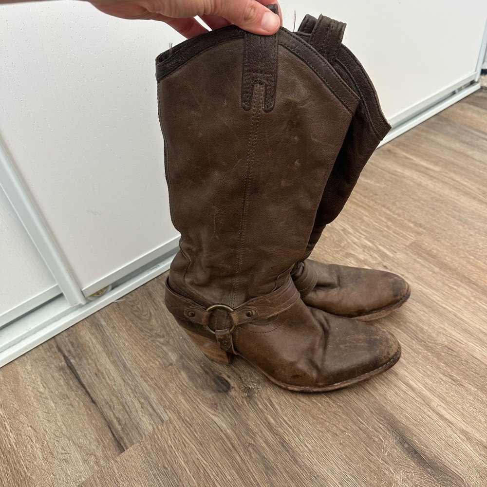 Frye Brown Leather Harness Heeled Boots